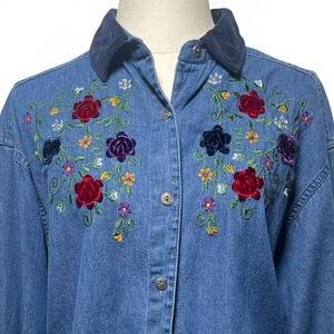 Embroidered floral womens denim button-up shirt large